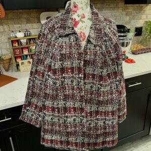 CJ Banks 2X Jacket Blazer Jacquard Silver Black & Red Open Front Pockets Lined